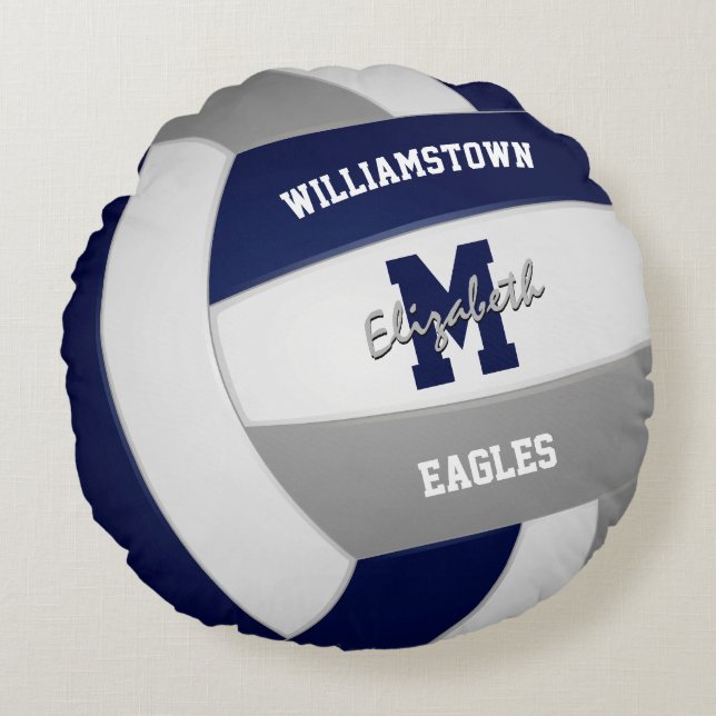 navy blue grey team colours kids volleyball round cushion (Front)