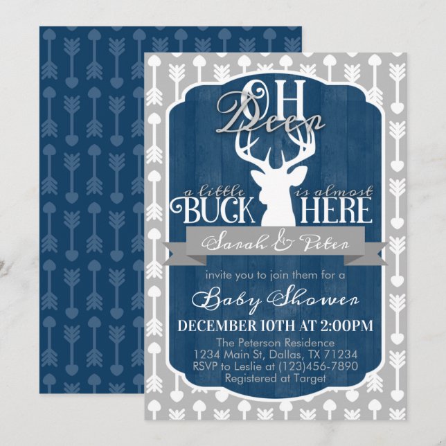 Navy Blue Grey Tribal Deer Baby Shower Invitation (Front/Back)
