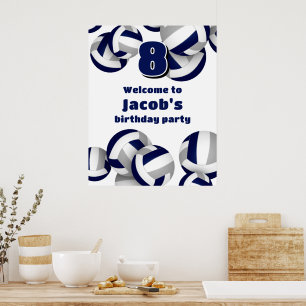 navy blue grey volleyballs birthday party welcome poster