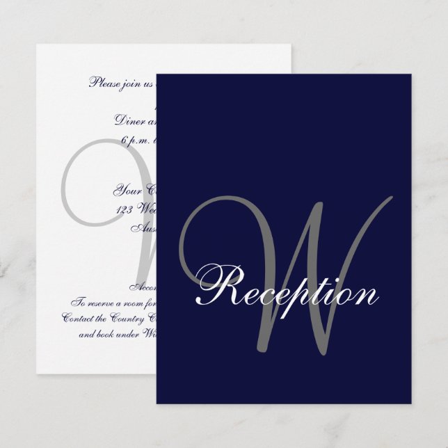Navy Blue Grey Wedding Reception Card (Front/Back)
