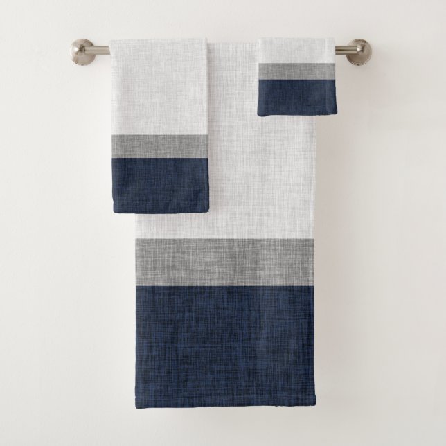 Navy Blue Grey White Bold Stripe Crosshatch Bath Towel Set (Insitu)