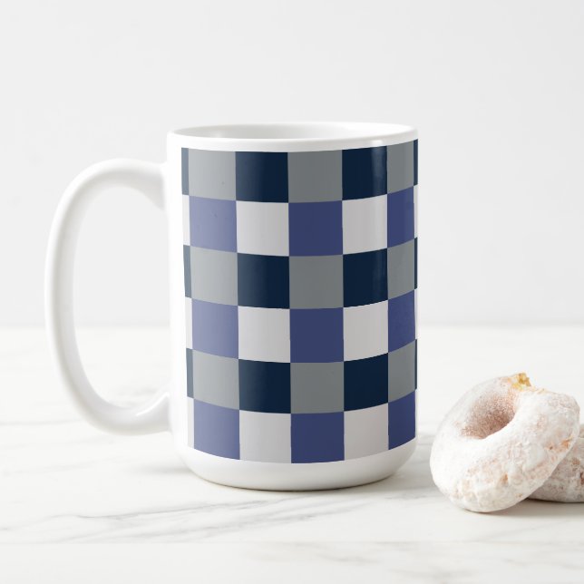 Navy Blue Grey White Chequerboard Checks Coffee Mug (With Donut)