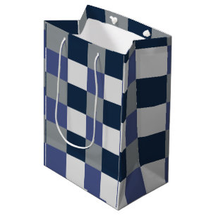 Navy Blue Grey White Chequerboard Checks Medium Gift Bag
