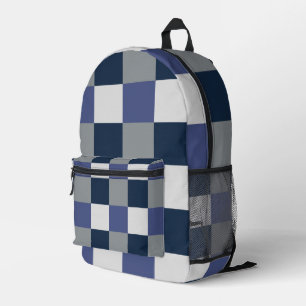 Navy Blue Grey White Chequerboard Chequered Printed Backpack
