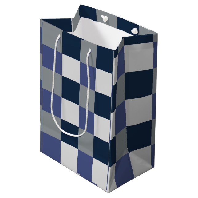 Navy Blue Grey White Chequerboard  Medium Gift Bag (Front Angled)