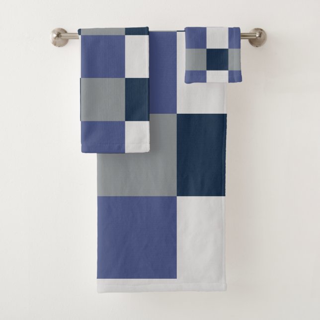 Navy Blue Grey White Chequerboard Pattern Bath Towel Set (Insitu)