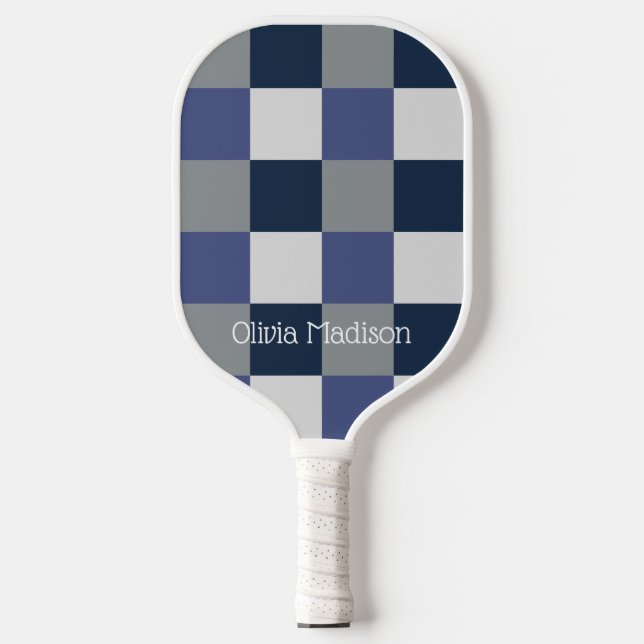Navy Blue Grey White Chequerboard Personalised Pickleball Paddle (Front)