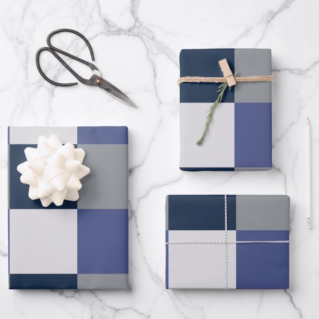 Navy Blue Grey White Chequerboard  Wrapping Paper Sheet (Front)