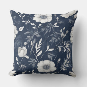 Navy Blue Grey White Farmhouse Floral Cushion