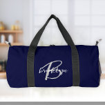 Navy Blue Grey White Script Monogram  Duffle Bag<br><div class="desc">This personalised duffel bag features a monogram and first name in modern grey and white script on a stylish navy blue background.</div>