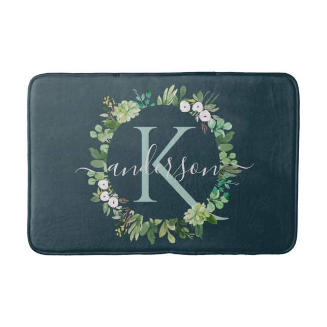 NAVY BLUE GREY WREATH FOLIAGE WATERCOLOR MONOGRAM BATH MAT (Front)