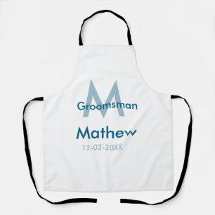 Navy blue groomsman name letter date masculine per apron