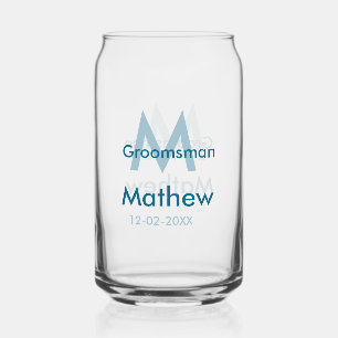 Navy blue groomsman name letter date masculine per can glass