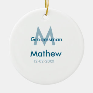 Navy blue groomsman name letter date masculine per ceramic tree decoration
