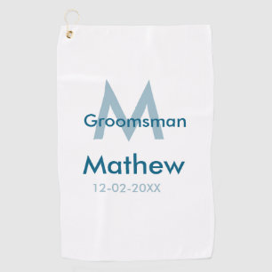 Navy blue groomsman name letter date masculine per golf towel