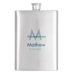Navy blue groomsman name letter date masculine per hip flask