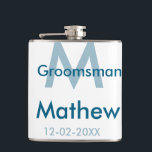 Navy blue groomsman name letter date masculine per hip flask<br><div class="desc">design</div>