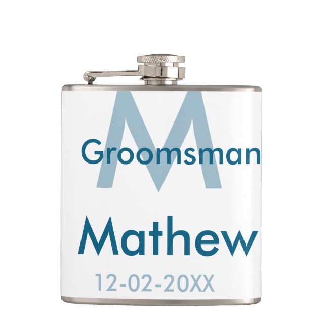 Navy blue groomsman name letter date masculine per hip flask (Front)
