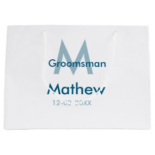 Navy blue groomsman name letter date masculine per large gift bag