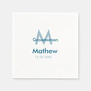 Navy blue groomsman name letter date masculine per napkin