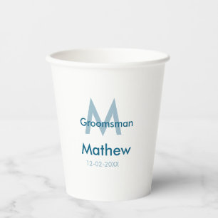 Navy blue groomsman name letter date masculine per paper cups