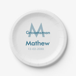 Navy blue groomsman name letter date masculine per paper plate