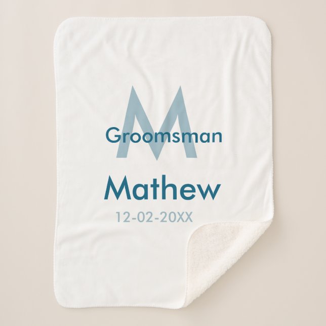 Navy blue groomsman name letter date masculine per sherpa blanket (Front)