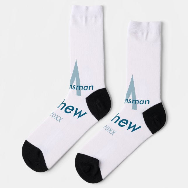 Navy blue groomsman name letter date masculine per socks (Left)