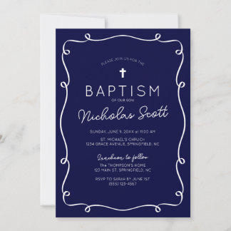 Navy Blue Hand Drawn Baptism Invitation