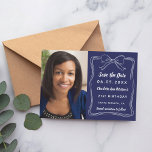 Navy blue hand-drawn bow photo birthday save the date<br><div class="desc">A photo Save the date for a 40th (or any age) birthday
On front: Add a vertical size photo. A navy blue background colour,  decorated with a white hand-drawn bow and frame. Personalise and add a name and details.</div>