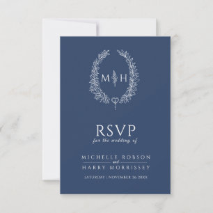 Navy blue hand drawn leaf monogram RSVP wedding Card