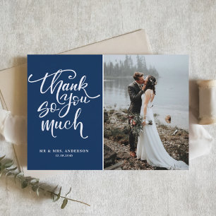 Navy Blue Hand Lettered Photo Wedding Thank You Card