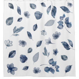 Navy Blue Hand Painted Watercolour Leaves Flowers Shower Curtain