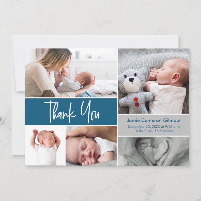 Navy Blue Handlettering Photo Collage Baby Shower Thank You Card (Front)