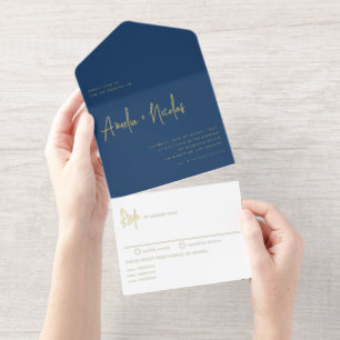 Navy Blue Handwriting Modern Typography Wedding All In One Invitation
