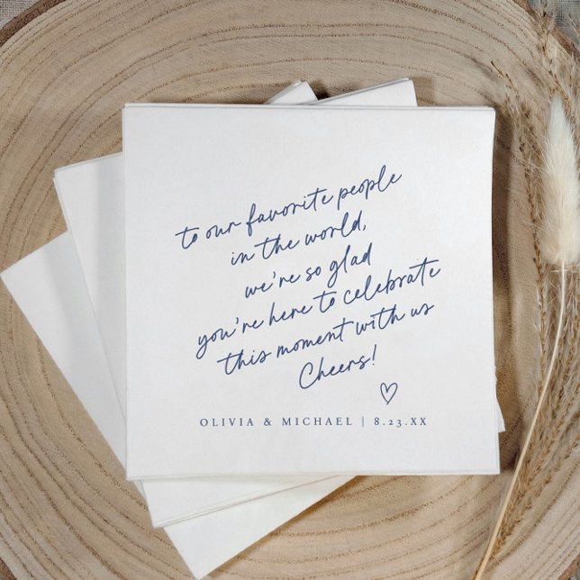 Navy Blue Handwritten Love Note Style Wedding Napkin (Navy blue love note wedding napkin with handwritten note, heart, and modern script design.)