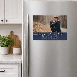 Navy Blue Handwritten Save the Date Photo Magnetic Invitation
