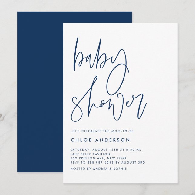 Navy Blue Handwritten Script Baby Shower Invitation (Front/Back)