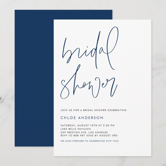 Navy Blue Handwritten Script Bridal Shower Invitation (Front/Back)