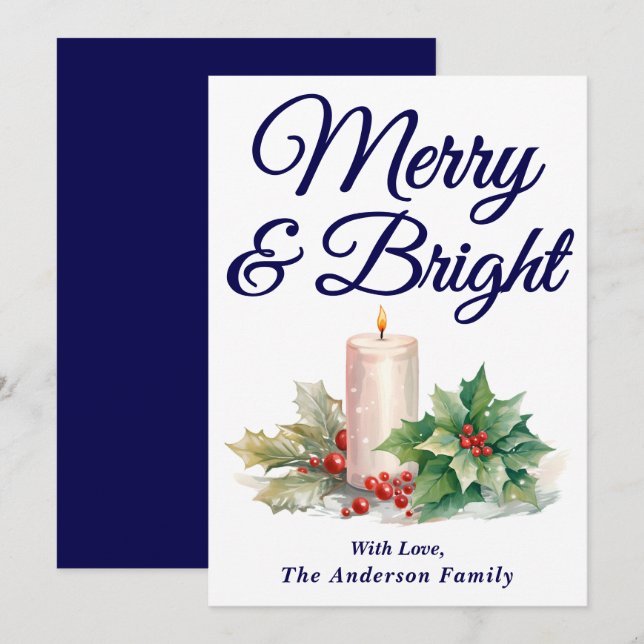 Navy Blue Handwritten Script Merry & Bright Holiday Card (Front/Back)
