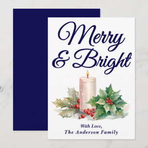 Navy Blue Handwritten Script Merry & Bright Holiday Card