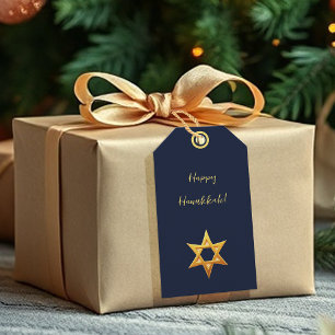 Navy Blue Hanukkah Golden David Star Gift Tags