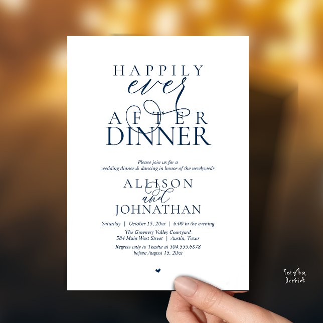 Navy Blue Happily Ever After Dinner Modern Wedding Invitation (navy Blue Happily Ever After Dinner Modern Script Wedding Invitation Card)