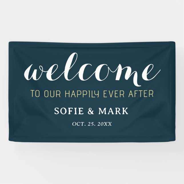 Navy Blue Happily Ever After Wedding Welcome Banner (Horizontal)