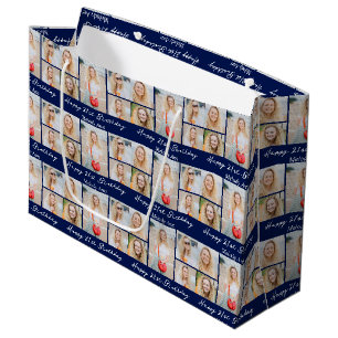 Navy Blue Happy Birthday Photo Collage Custom Large Gift Bag