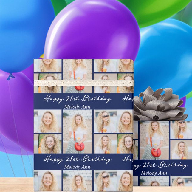 Navy Blue Happy Birthday Photo Collage Wrapping Paper (Creator Uploaded)