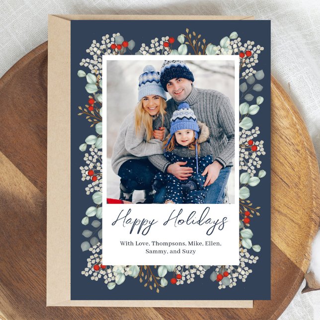 Navy Blue Happy Holidays Greenery Photo Holiday Card (Happy Holiday custom photo cards. )