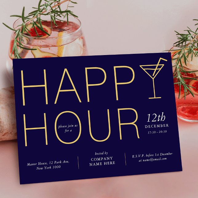 Navy Blue Happy Hour Client Appreciation Business Invitation (Modern Happy Hour Client Appreciation Business Invitation in navy blue and gold colors)