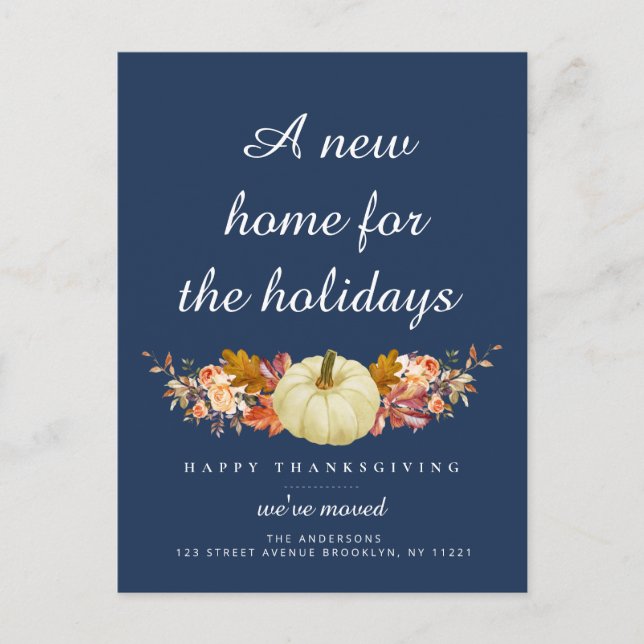 navy blue happy thanksgiving moving announcement postcard (Front)