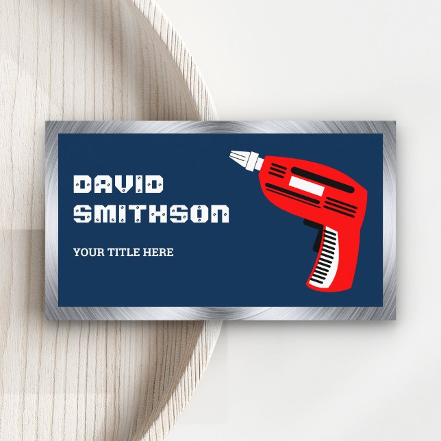 Navy Blue Hardware Power Tool Red Drill Machine Business Card (Creator Uploaded)